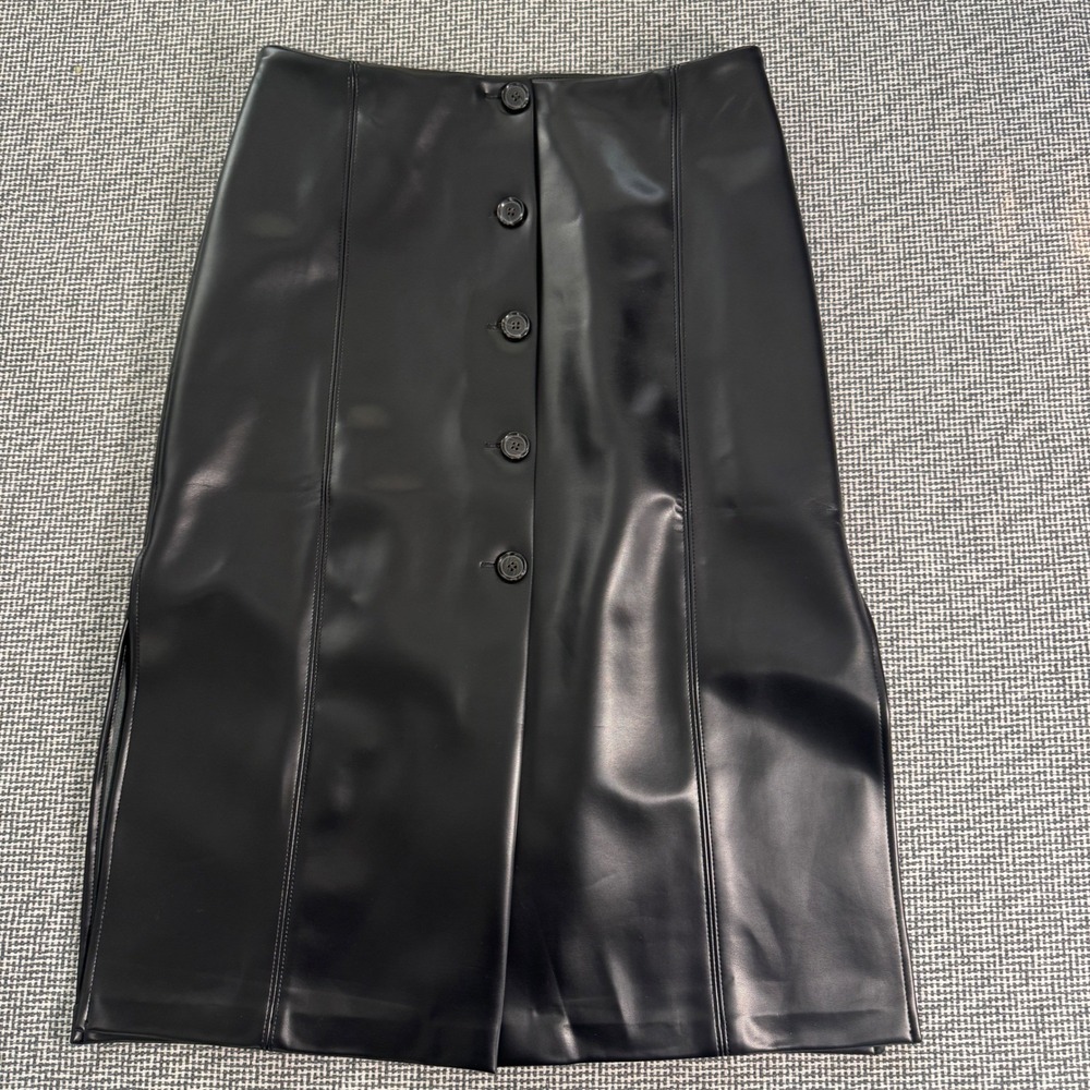 Banana Republic Black Vegan Leather Button Front Midi Skirt 14 Double Side Slit